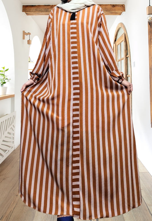 Light Brown & White Lining Maxi Abaya
